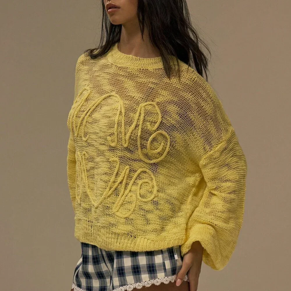 Yellow Casual Women's Crew Neck  Embroidery Knit Sweater Top